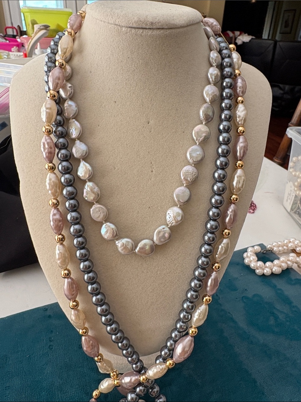 Multistrand Pearl Necklace with Gold Beads - Pink, Gray, Cream